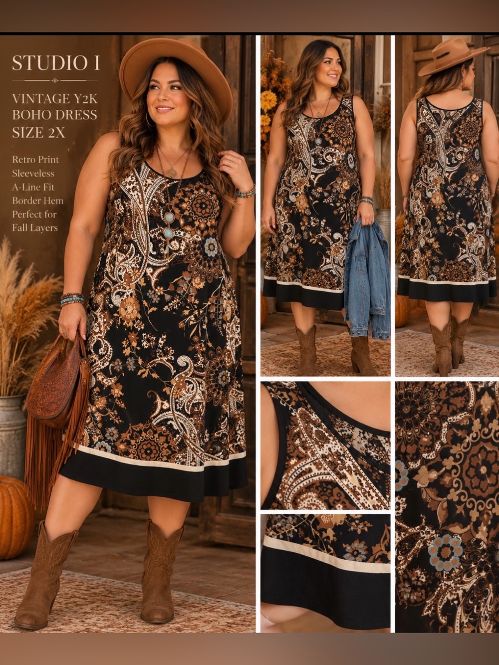 Studio I - Black, Brown & Cream Paisley Midi Tank Dress- 1Xto2X